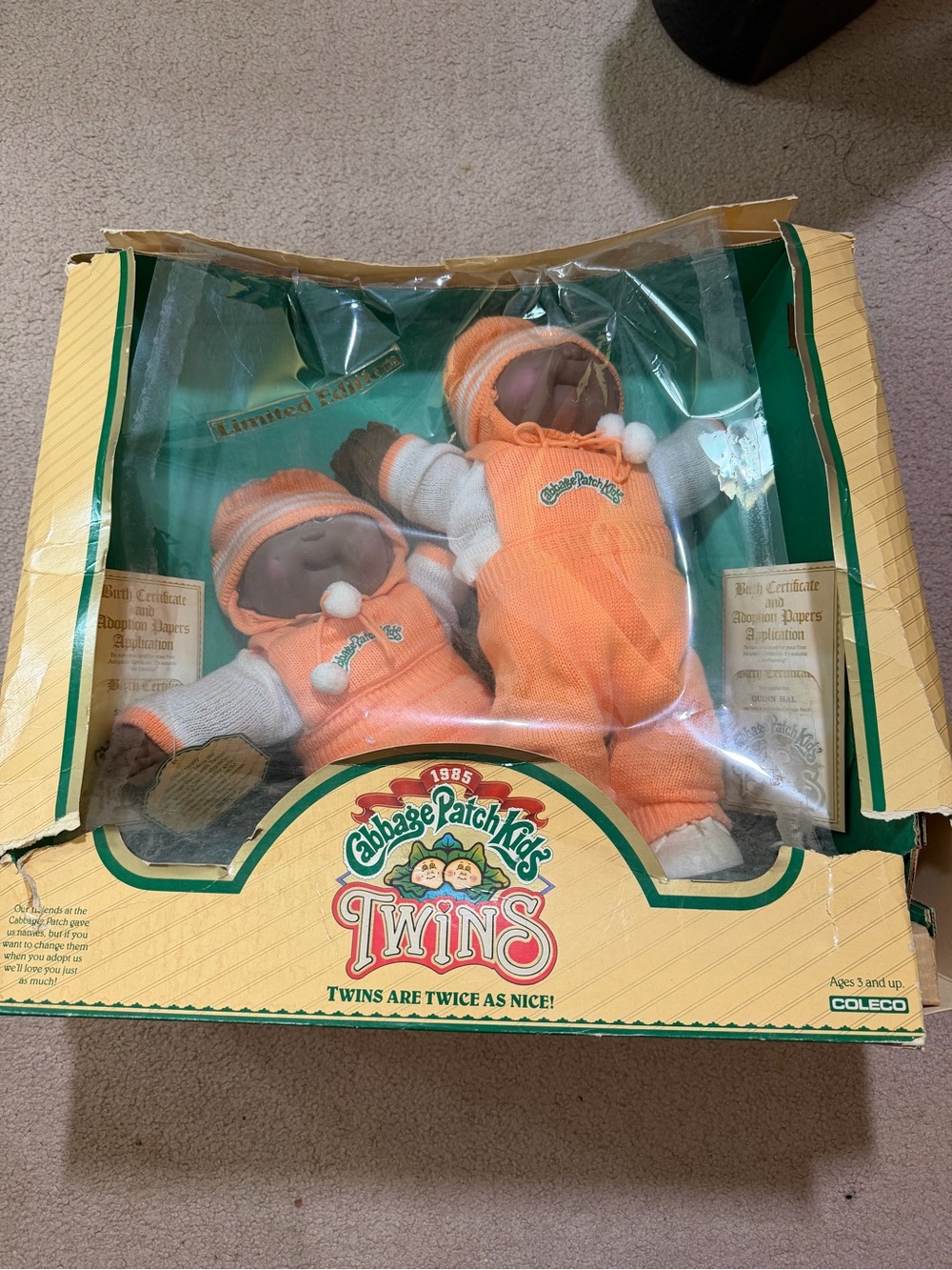 1985 Cabbage Patch Kids Black Twins African American Coleco Box Papers Rare